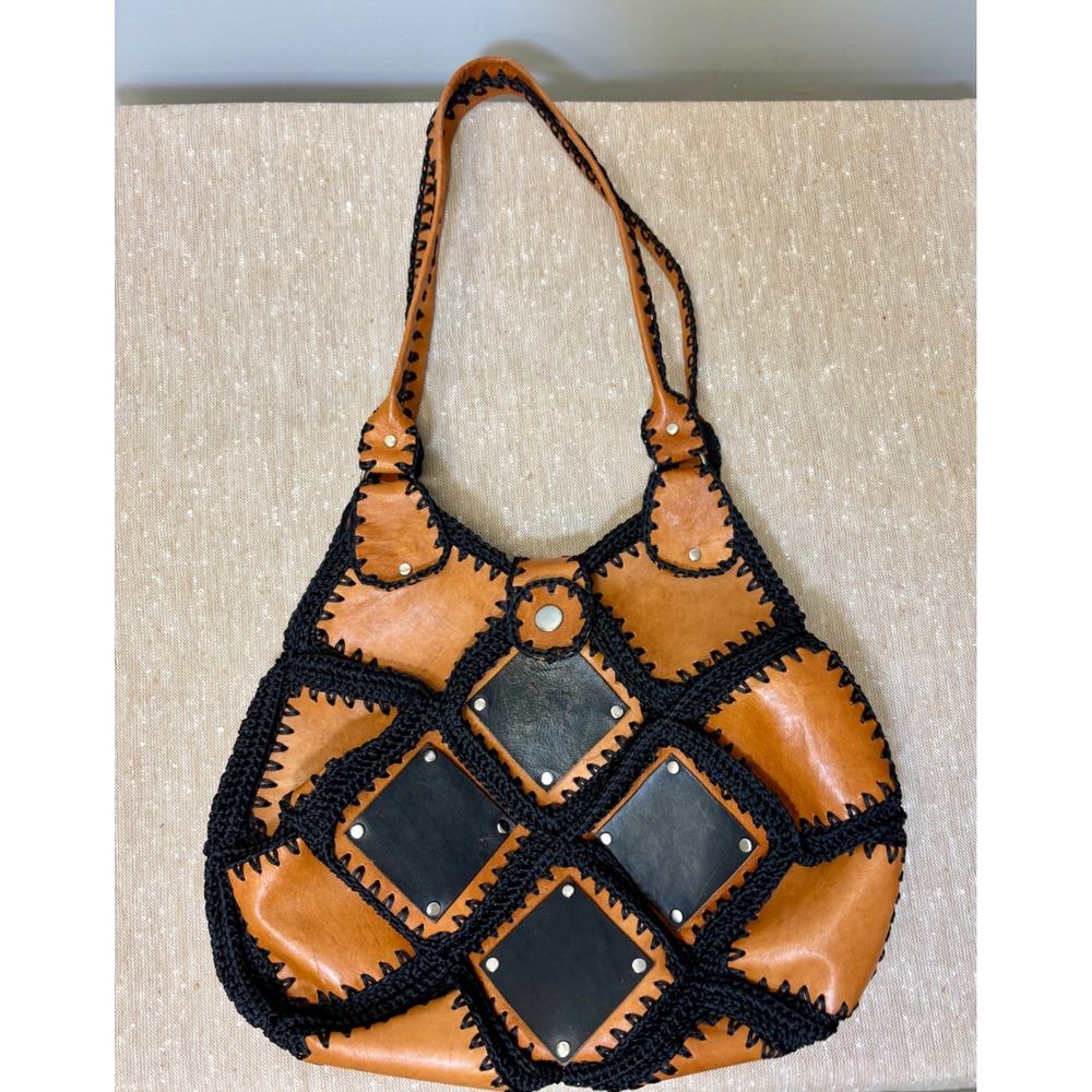 Vintage 70's Boho Patchwork Leather Crochet Shoulder Bag Studded Diamond Purse